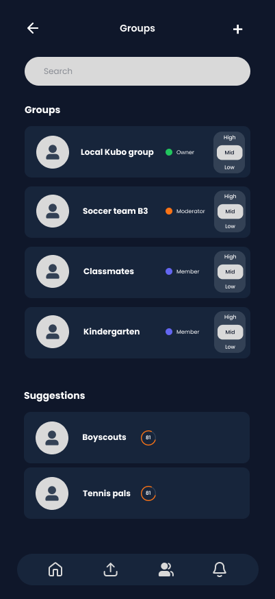 Kubo MVP screenshot showing Groups overview with group memberships and trust level assignments including Local Kubo group, Soccer team B3, Classmates, and Kindergarten